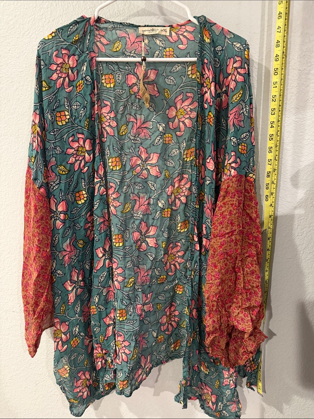 NATURAL LIFE Teal Floral Open Kimono with Pink Patterned Sleeves
